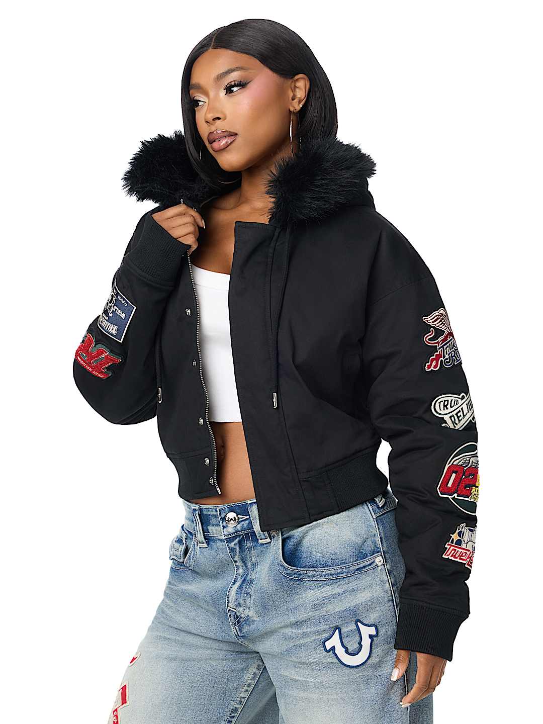 EMBROIDERED SHERPA HOOD FAUX FUR JACKET