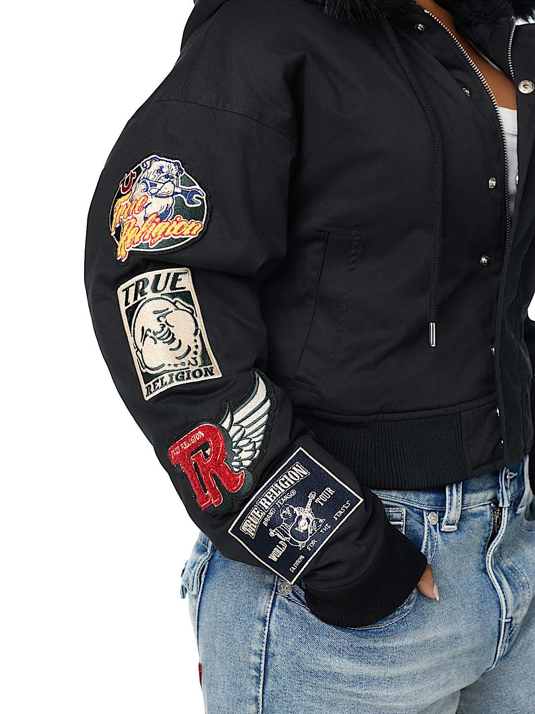 EMBROIDERED SHERPA HOOD FAUX FUR JACKET