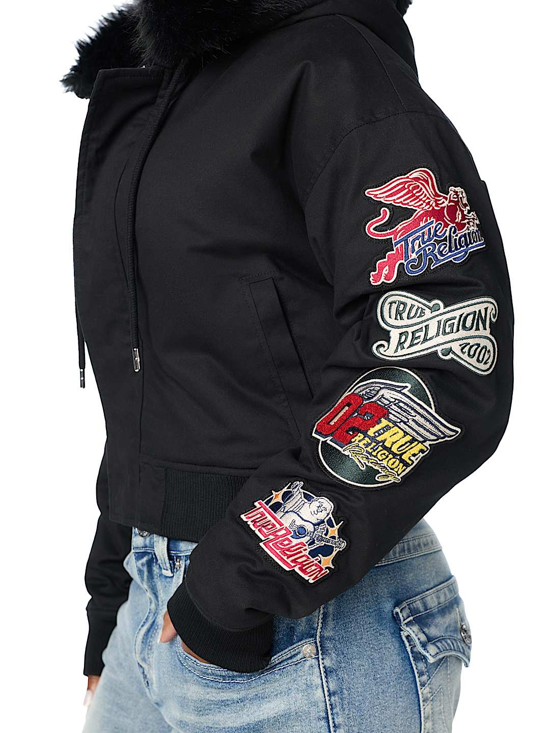 EMBROIDERED SHERPA HOOD FAUX FUR JACKET
