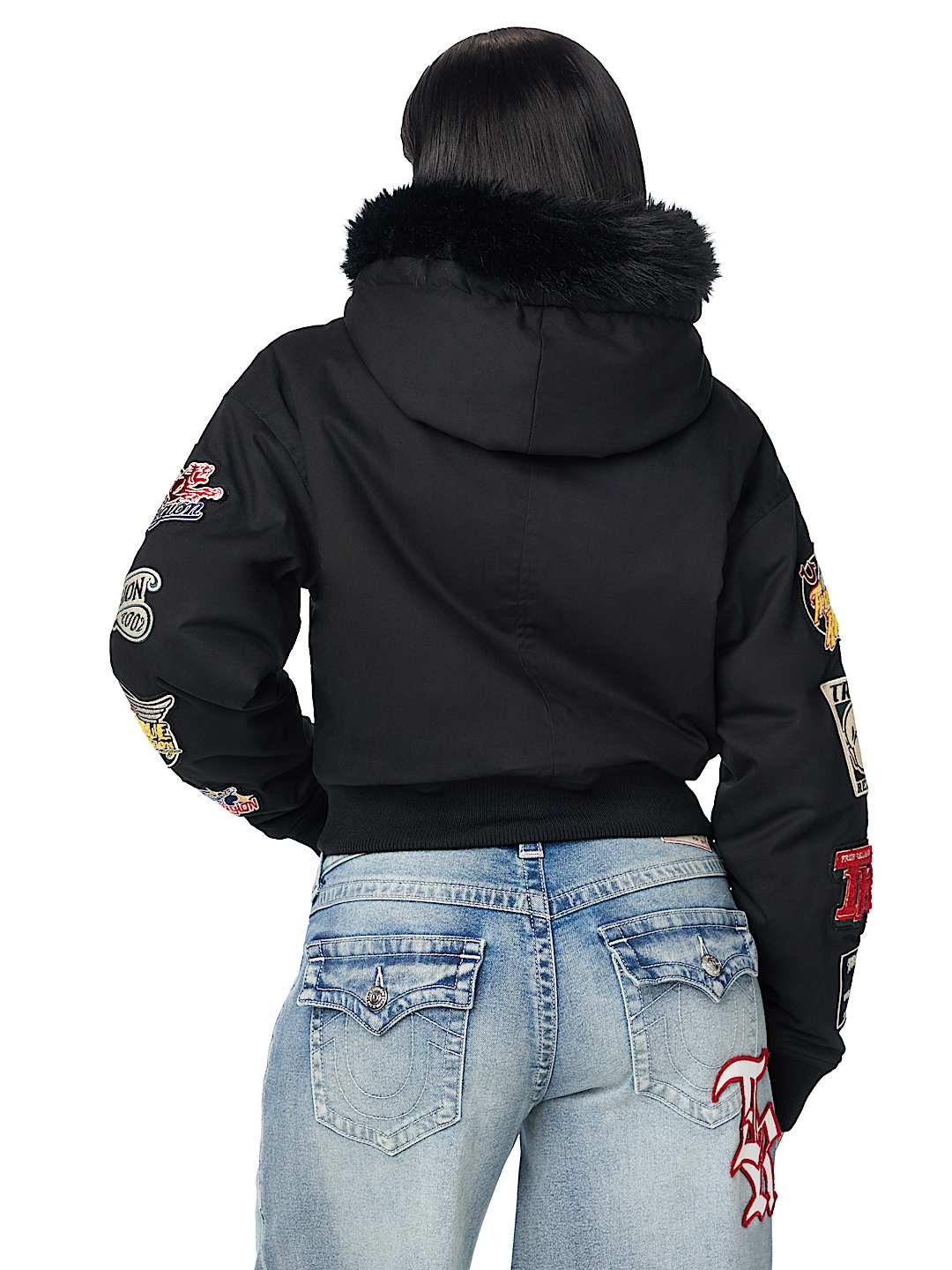 EMBROIDERED SHERPA HOOD FAUX FUR JACKET