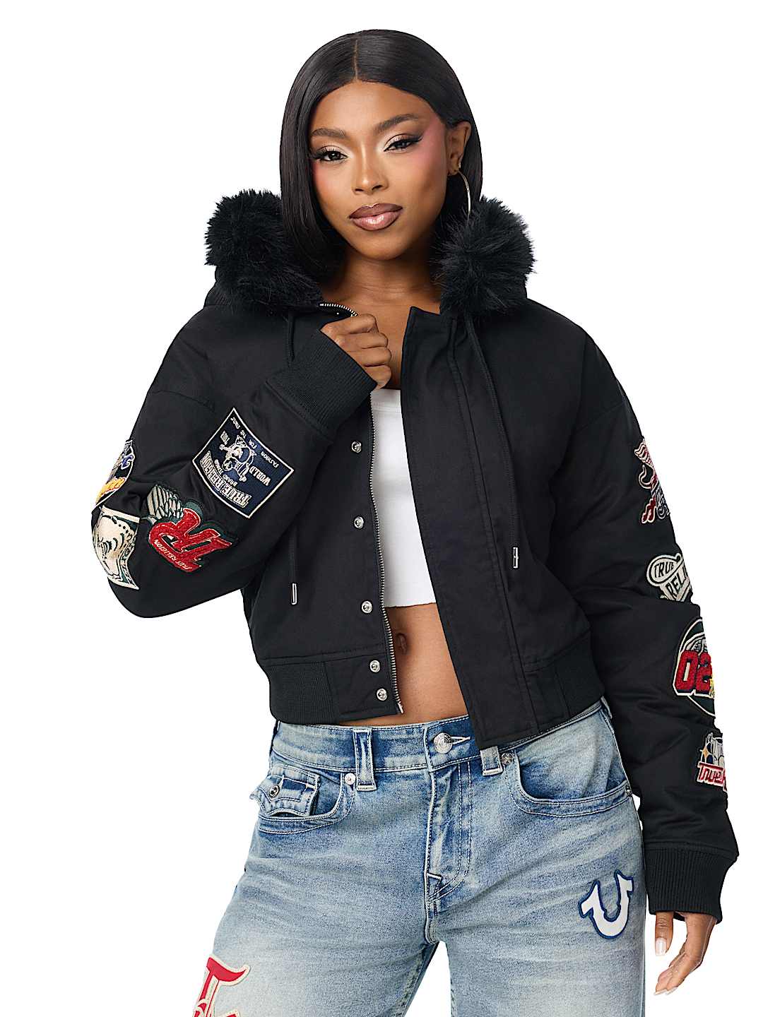 EMBROIDERED SHERPA HOOD FAUX FUR JACKET