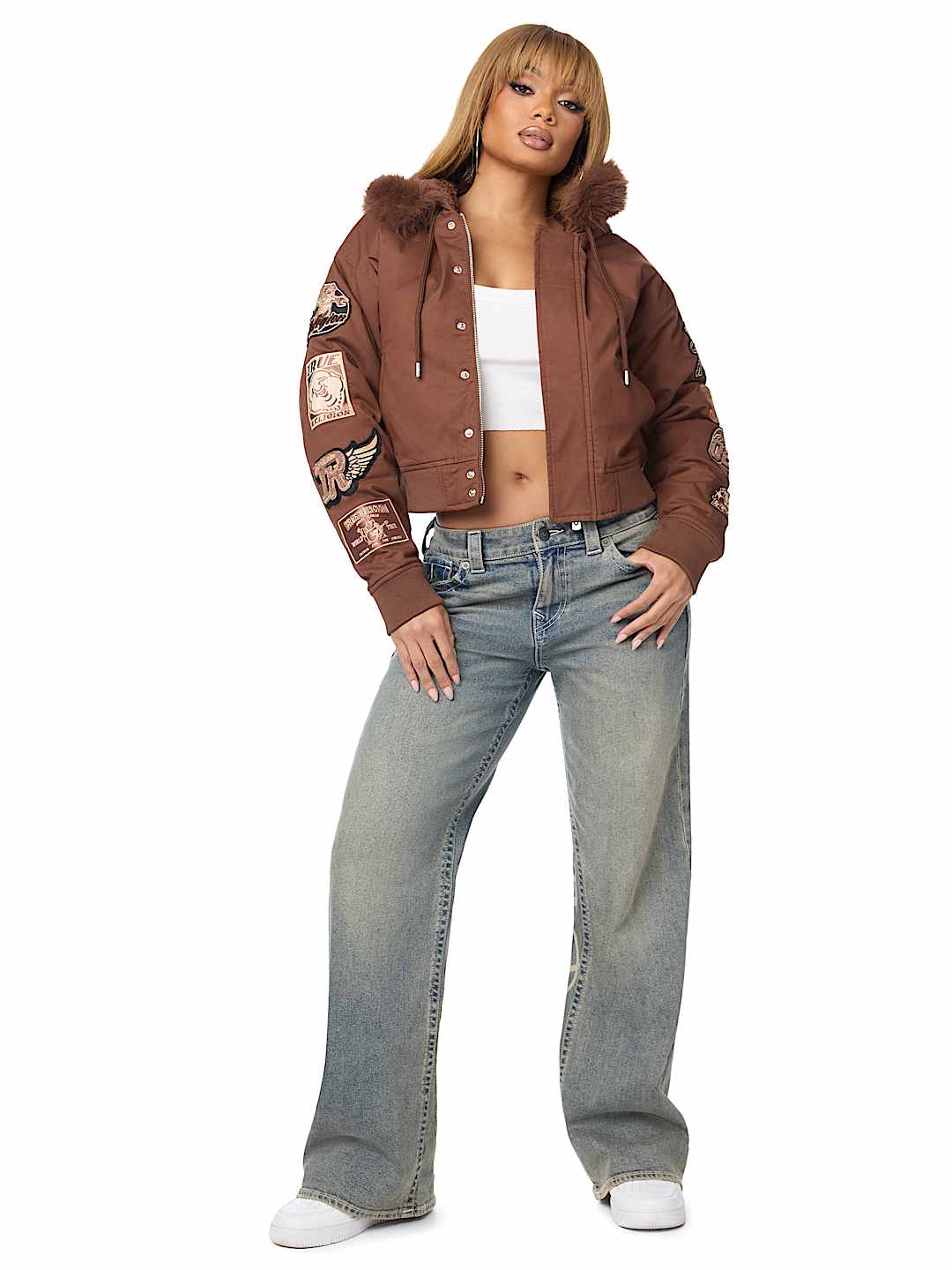 EMBROIDERED SHERPA HOOD FAUX FUR JACKET