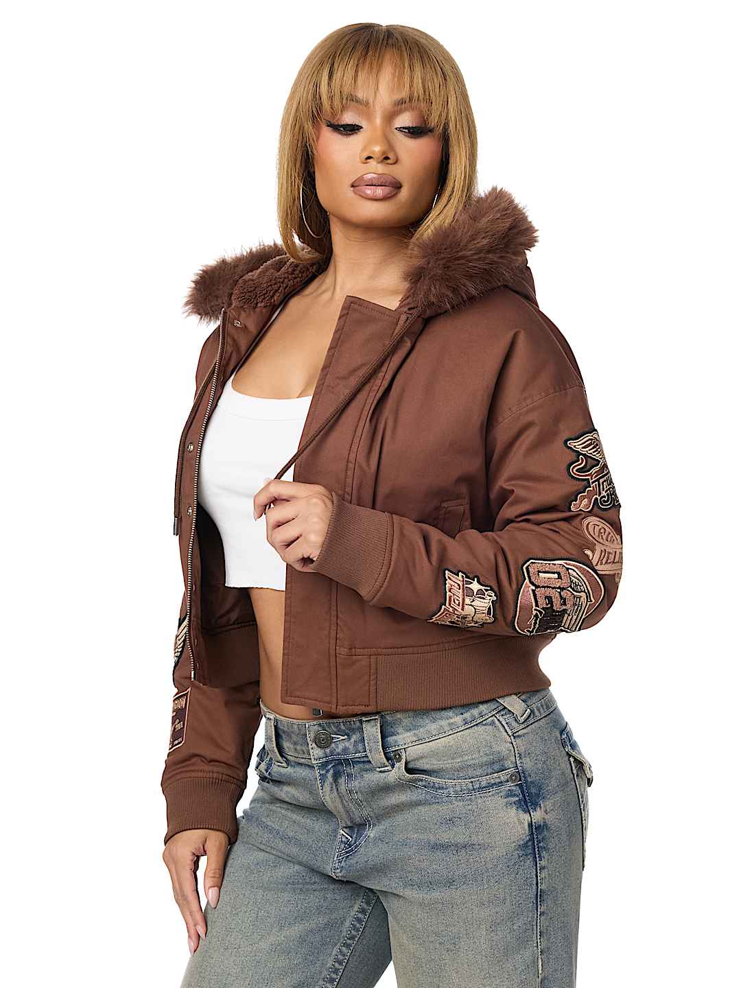 EMBROIDERED SHERPA HOOD FAUX FUR JACKET