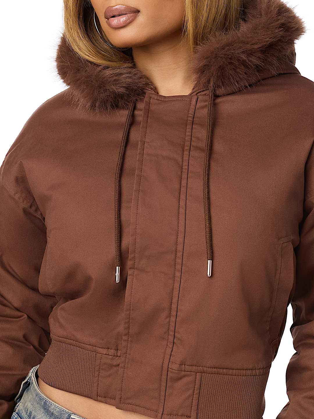 EMBROIDERED SHERPA HOOD FAUX FUR JACKET