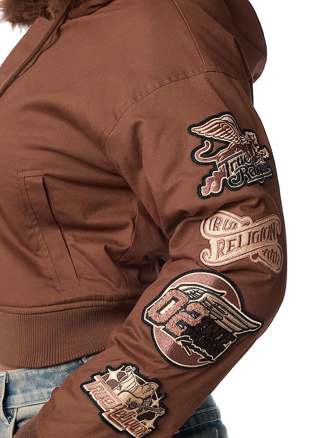 EMBROIDERED SHERPA HOOD FAUX FUR JACKET