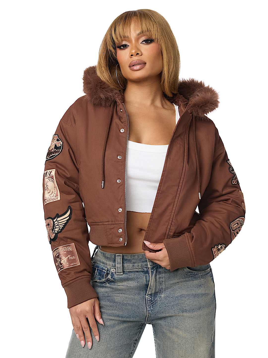 EMBROIDERED SHERPA HOOD FAUX FUR JACKET