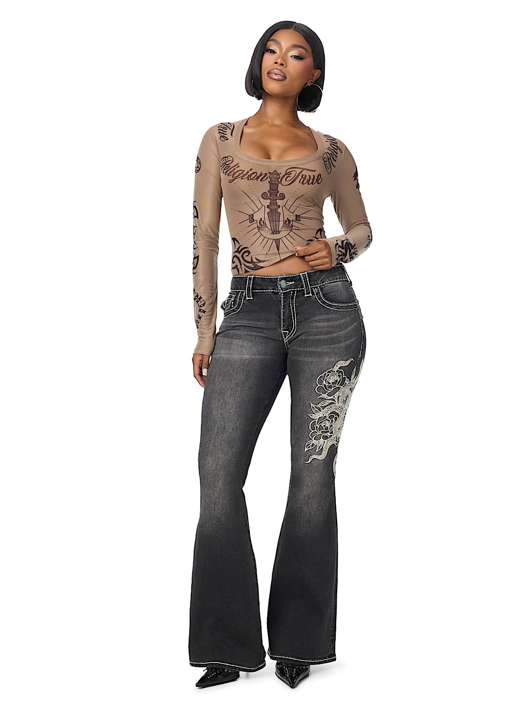 SCOOP NECK TATTOO LONG SLEEVE TOP