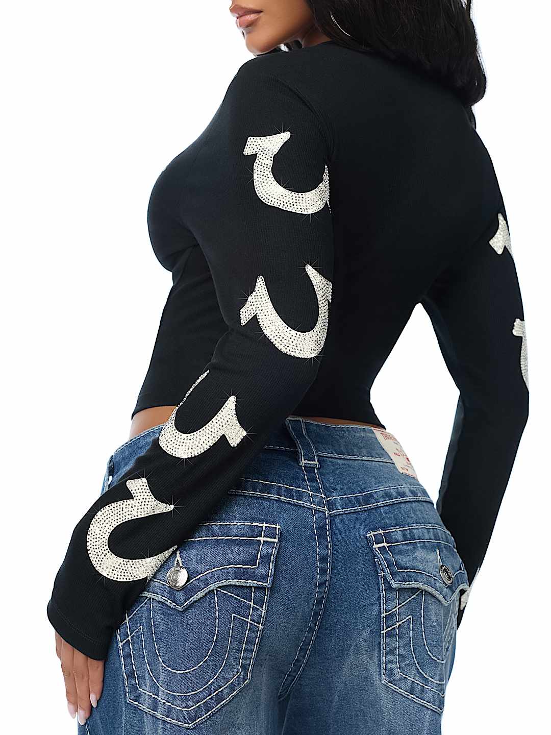 CRYSTAL SCRIPT LONG SLEEVE NOTCH RIBBED TEE