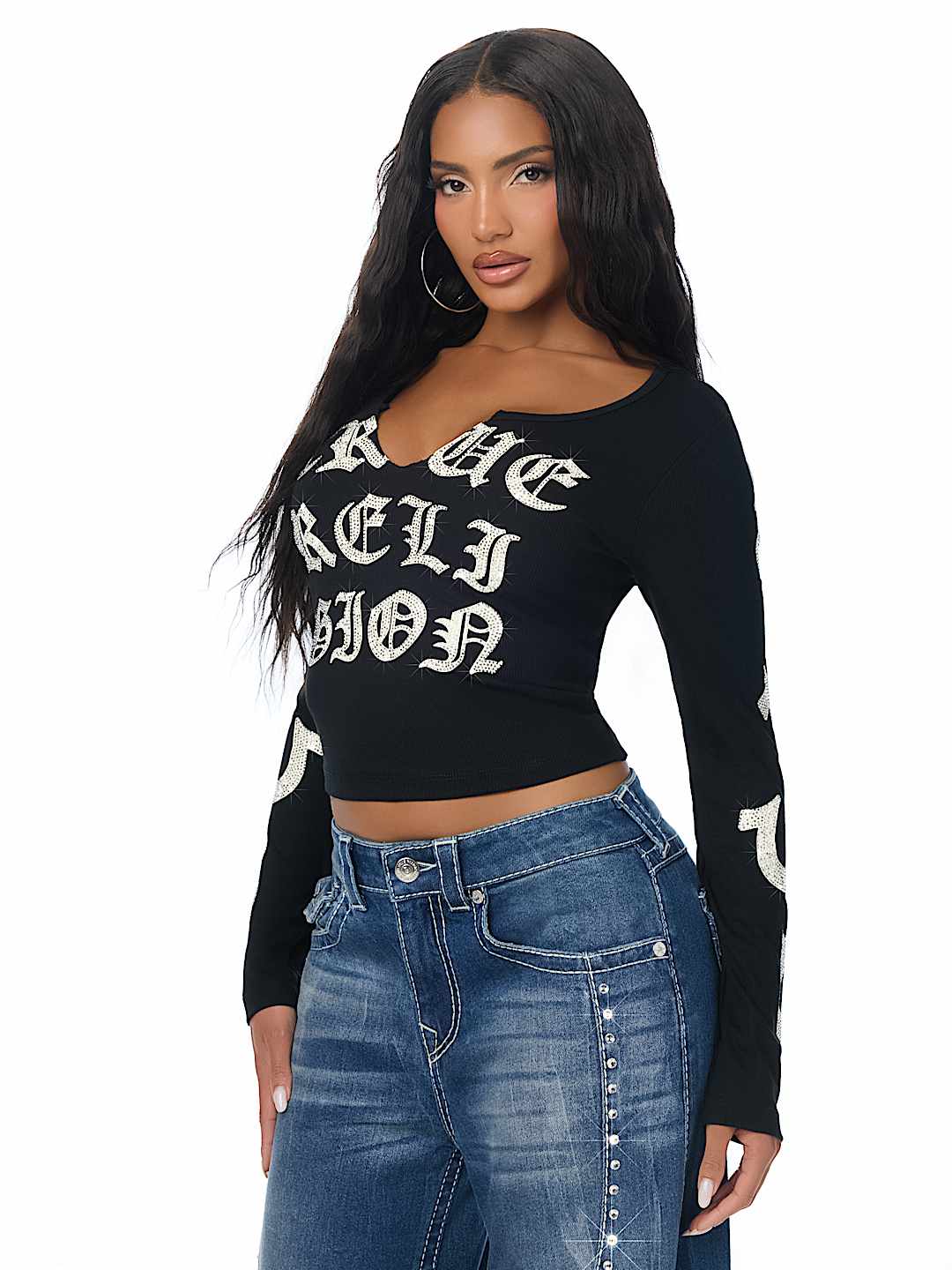 CRYSTAL SCRIPT LONG SLEEVE NOTCH RIBBED TEE