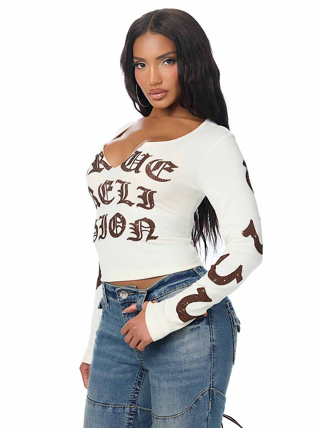 CRYSTAL SCRIPT LONG SLEEVE NOTCH RIBBED TEE