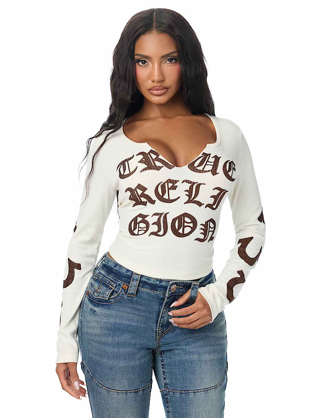 CRYSTAL SCRIPT LONG SLEEVE NOTCH RIBBED TEE