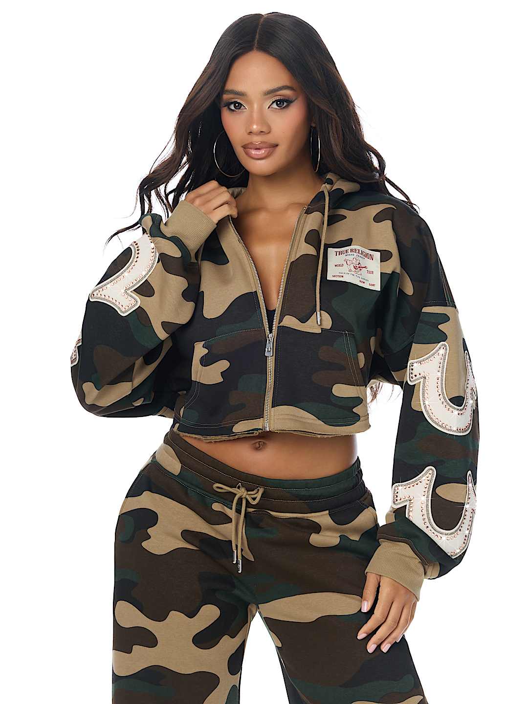 APPLIQU&Eacute; CAMO CUT HEM ZIP HOODIE