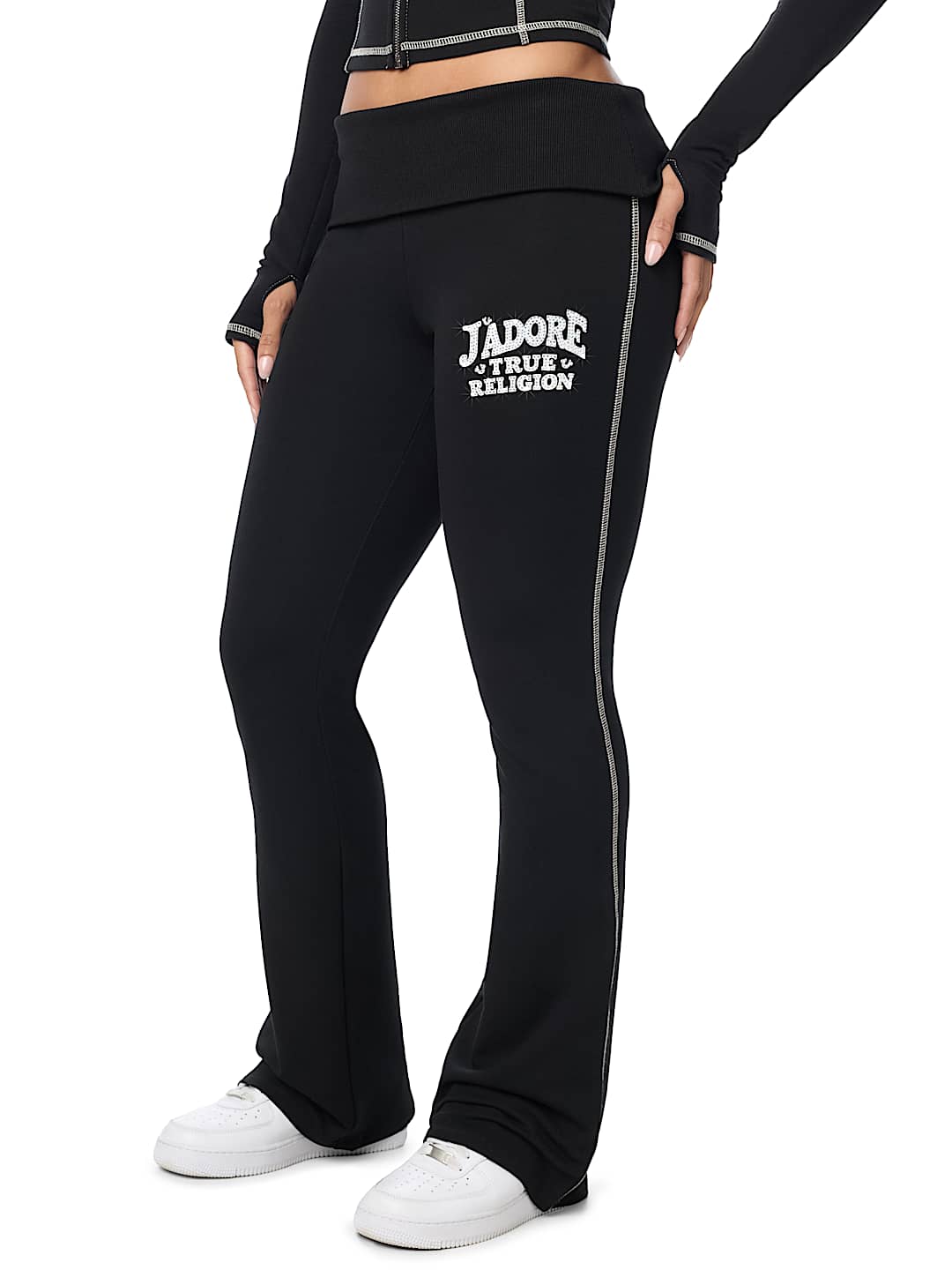 PANTALON COUPE BOTTILLON &Agrave; TAILLE &Agrave; REVERS ET LOGO &laquo;&nbsp;J&rsquo;ADORE&nbsp;&raquo; EN CRISTAUX