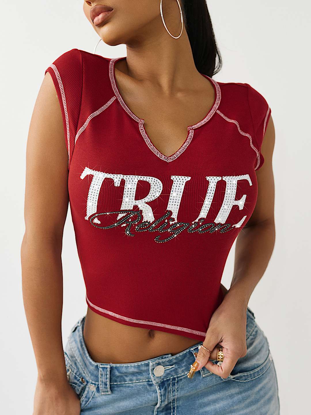 CRYSTAL RIBBED NOTCHED BABY TEE, image 1