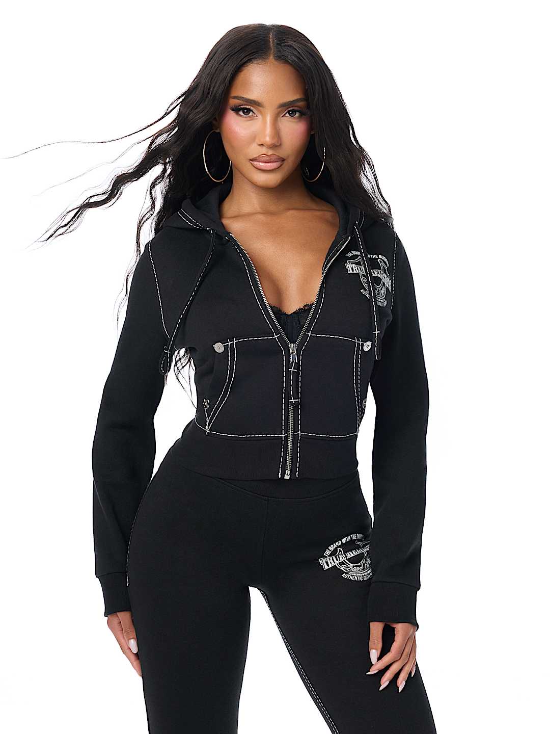 BIG T CRYSTAL HORSESHOE SHRUNKEN ZIP HOODIE