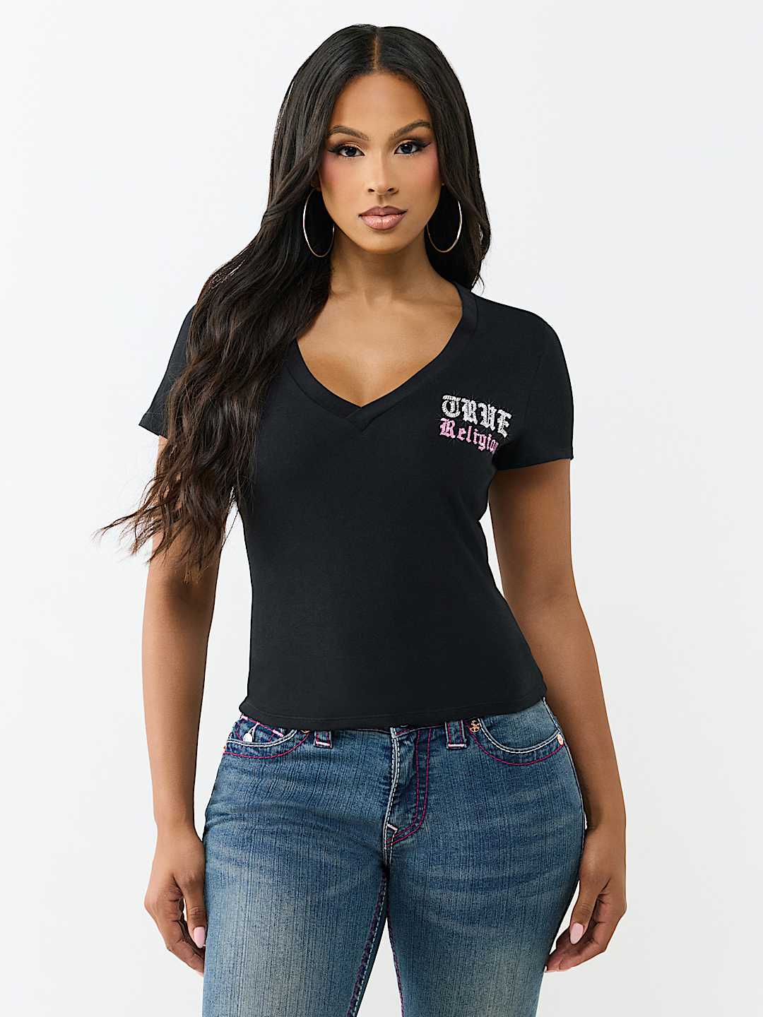 CRYSTAL LOW PLUNGE V-NECK TEE, image 2
