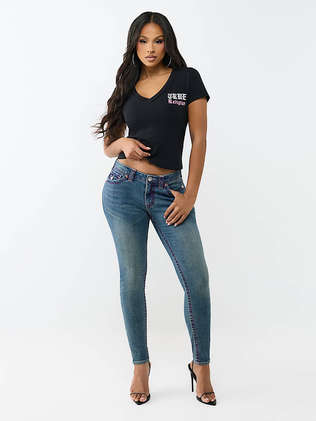 CRYSTAL LOW PLUNGE V-NECK TEE, image 3