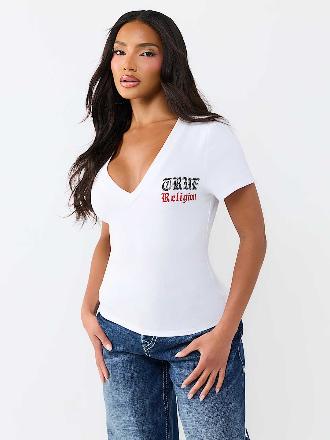 CRYSTAL LOW PLUNGE V-NECK TEE