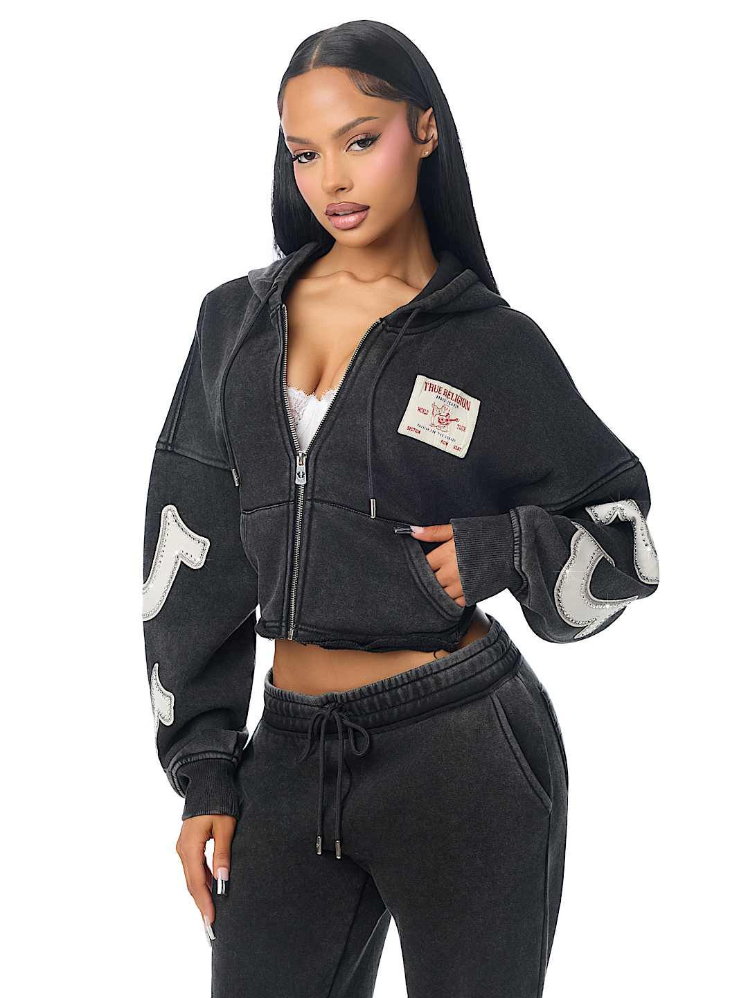 APPLIQU&Eacute; WASHED CUT HEM ZIP HOODIE