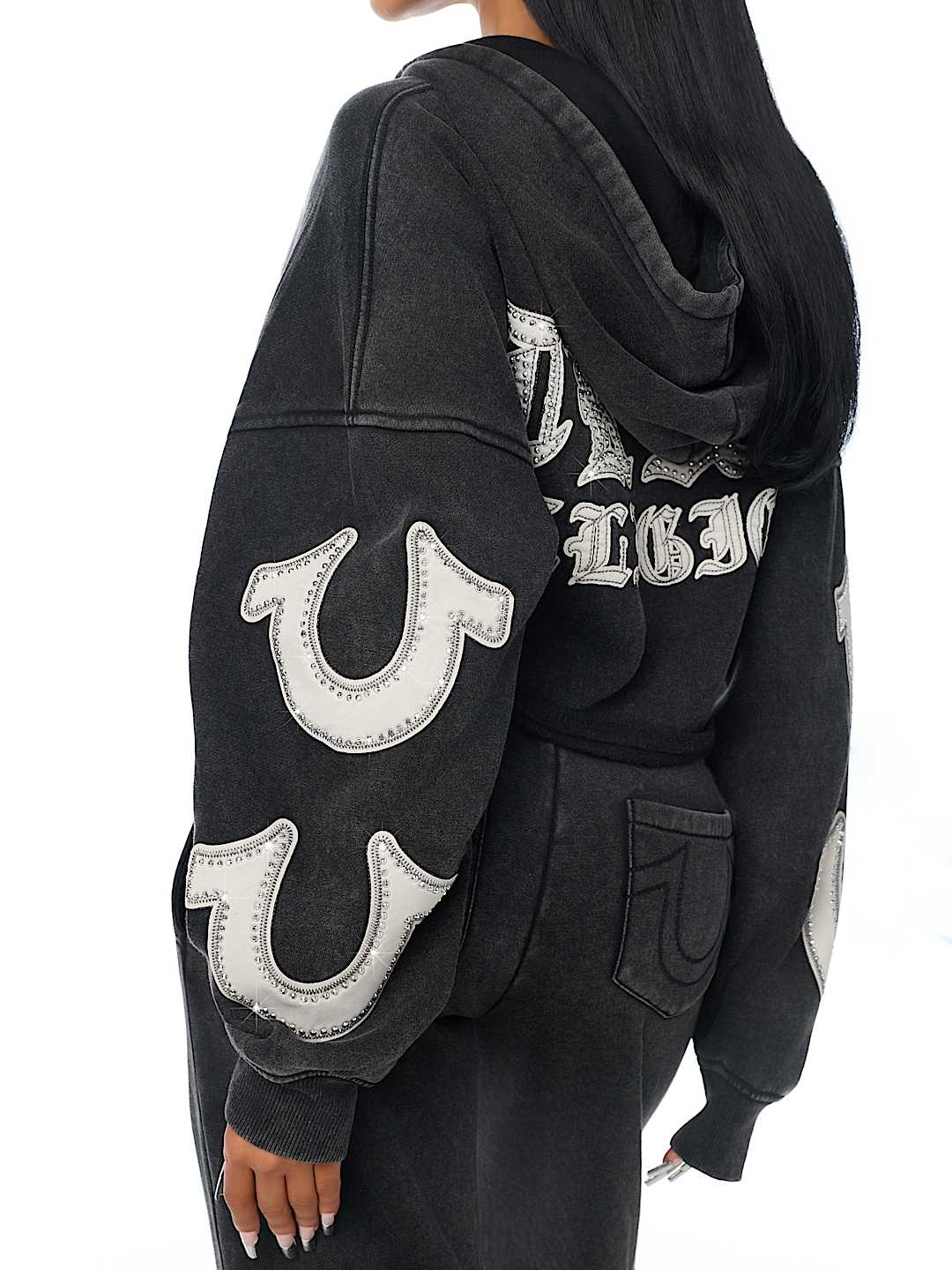 APPLIQU&Eacute; WASHED CUT HEM ZIP HOODIE