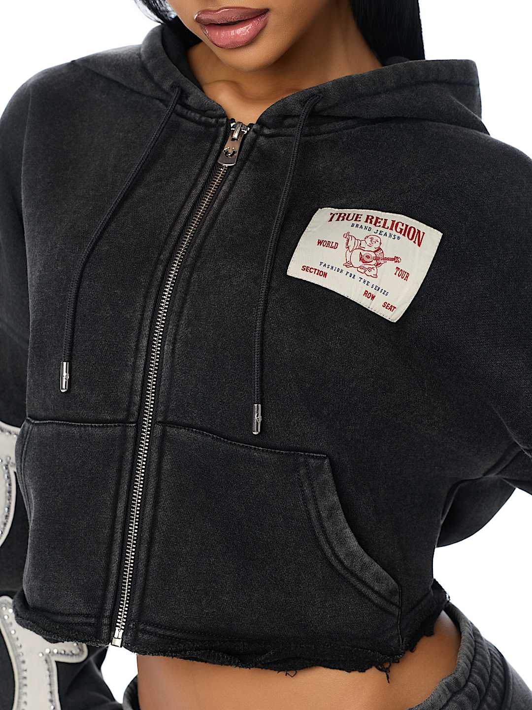 APPLIQU&Eacute; WASHED CUT HEM ZIP HOODIE