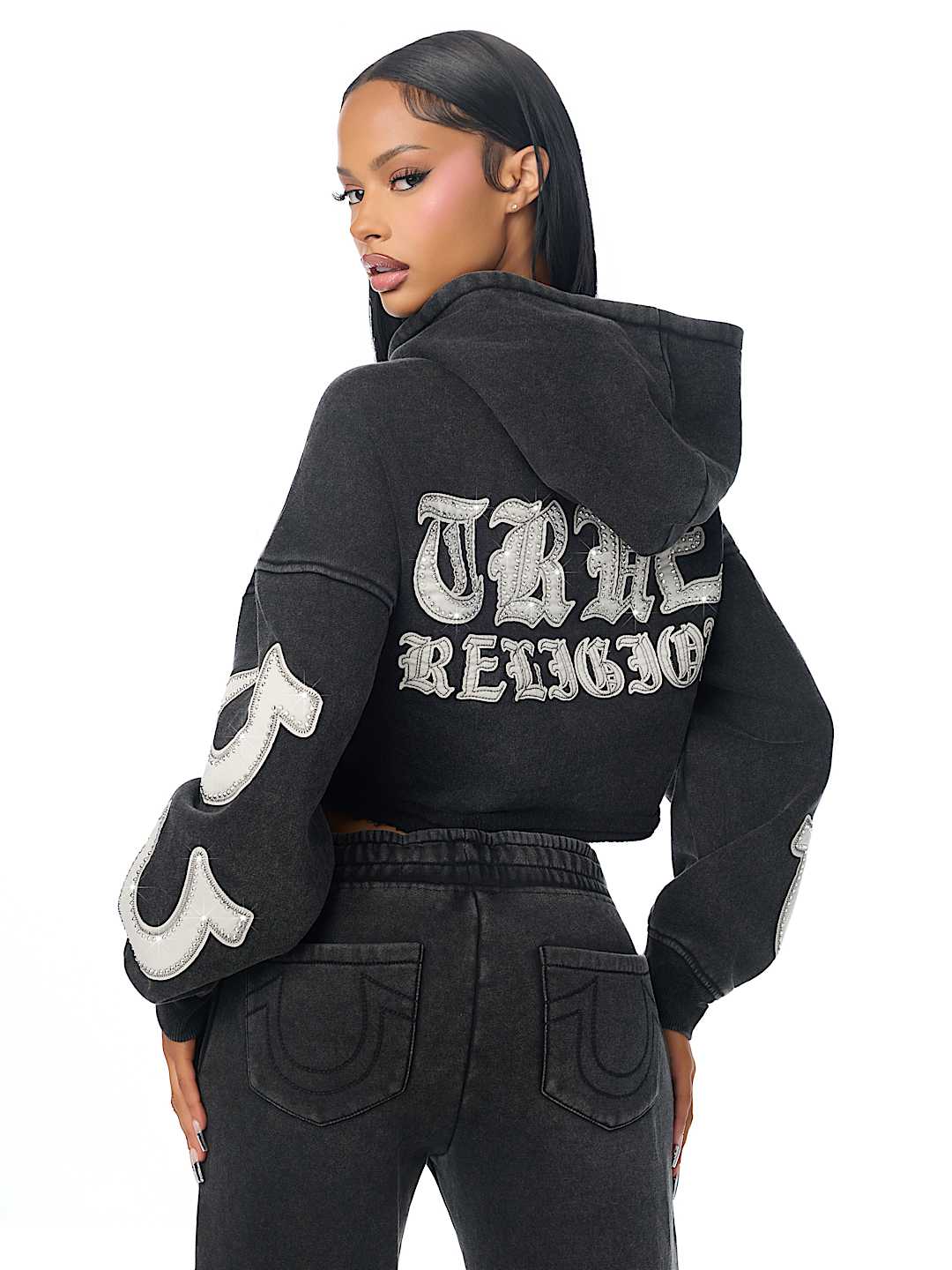 APPLIQU&Eacute; WASHED CUT HEM ZIP HOODIE