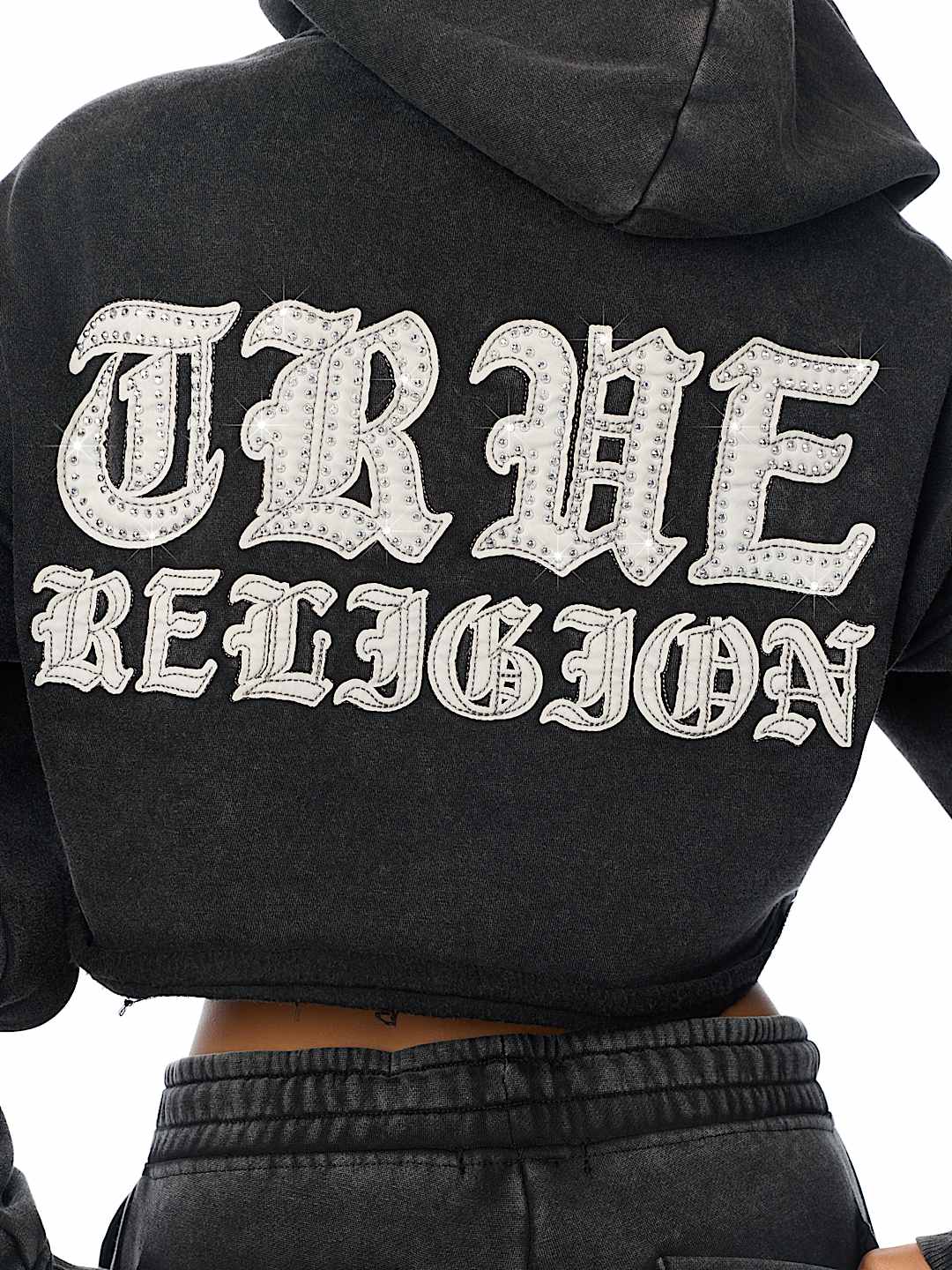 APPLIQU&Eacute; WASHED CUT HEM ZIP HOODIE