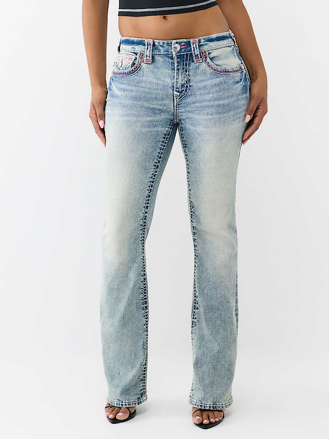 BECCA MID RISE SUPER T APPLIQU&Eacute; FLAP BOOTCUT JEAN, image 2