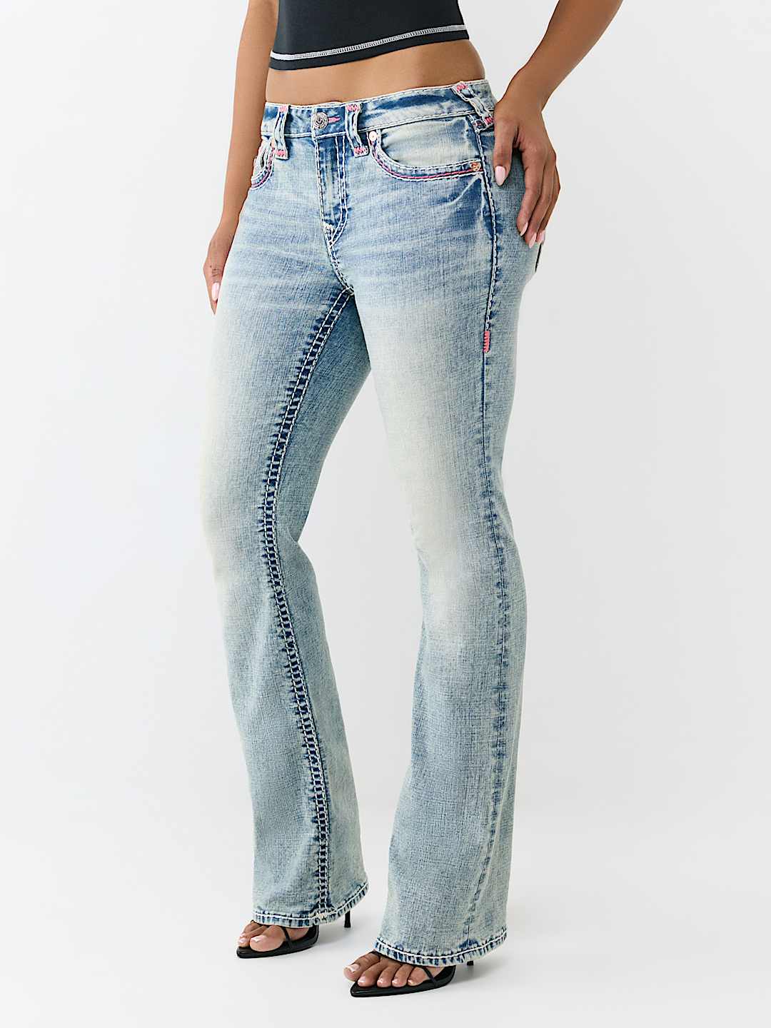 BECCA MID RISE SUPER T APPLIQU&Eacute; FLAP BOOTCUT JEAN, image 4