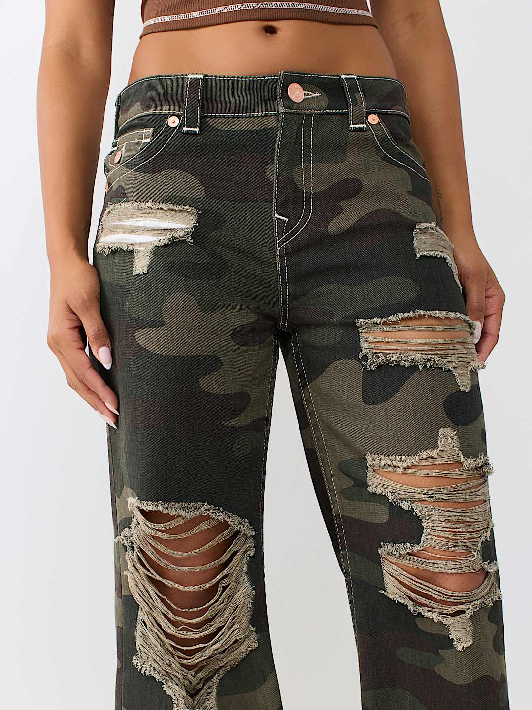 BOBBI MID RISE DISTRESSED CAMO BAGGY JEAN
