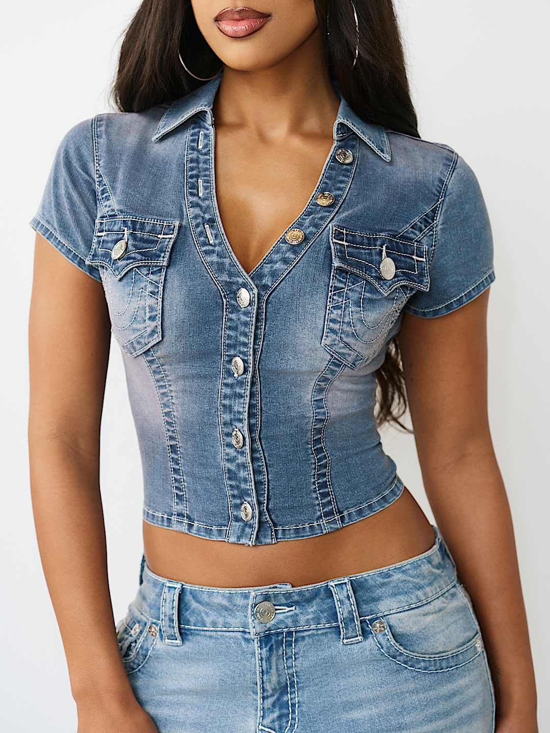 SNATCHED SHORT SLEEVE DENIM SHIRT, image 1