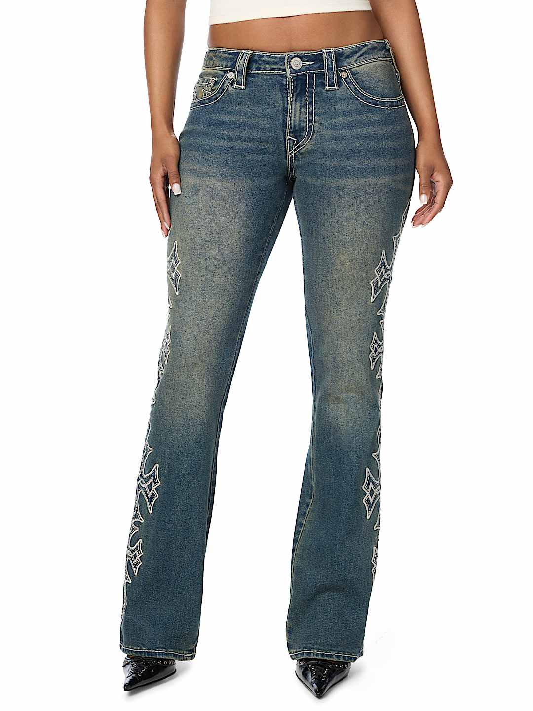 BECCA MID RISE CROSS BIG T BOOTCUT JEAN