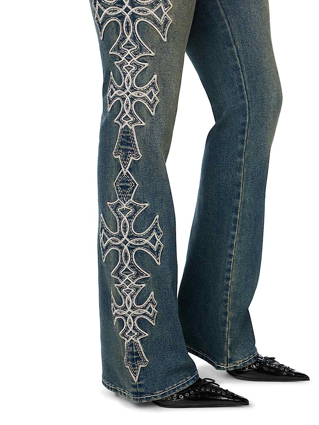 BECCA MID RISE CROSS BIG T BOOTCUT JEAN