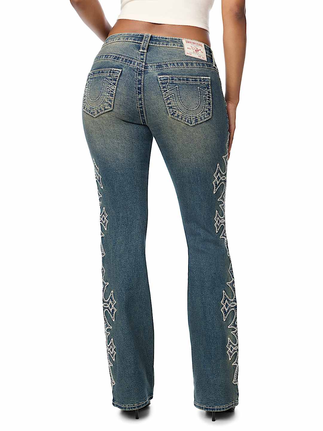 BECCA MID RISE CROSS BIG T BOOTCUT JEAN