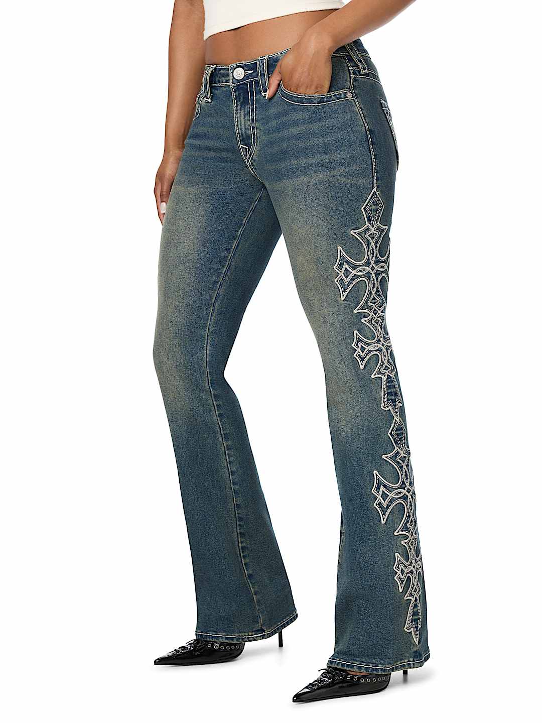 BECCA MID RISE CROSS BIG T BOOTCUT JEAN