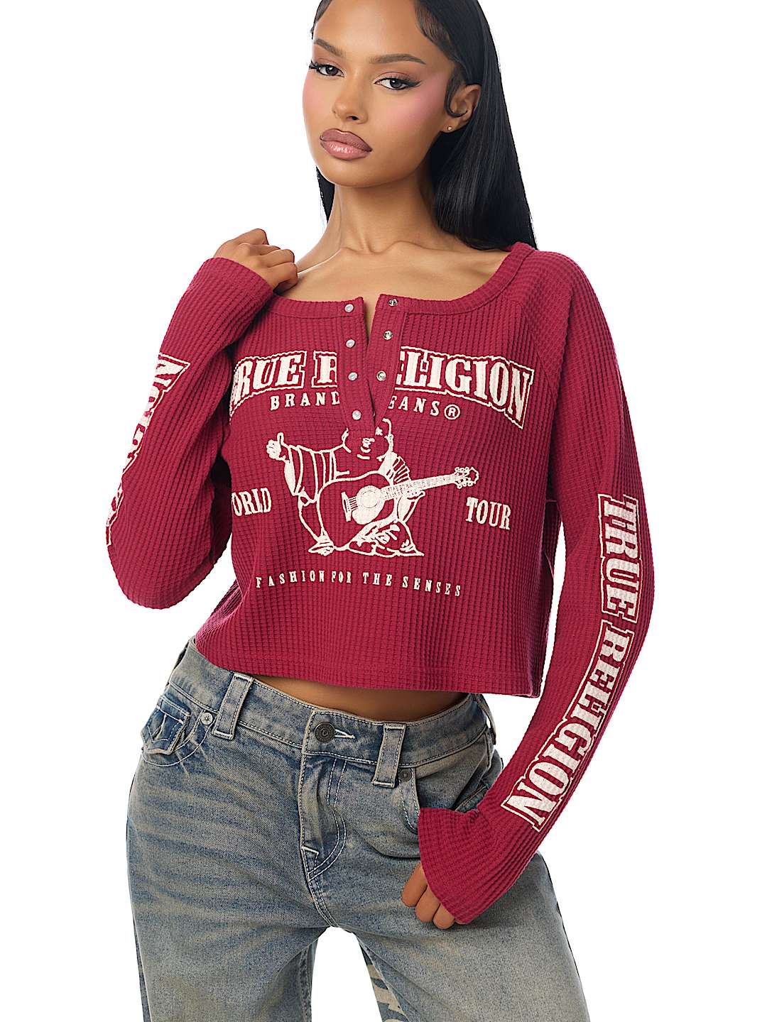 WAFFLE KNIT HENLEY TOP