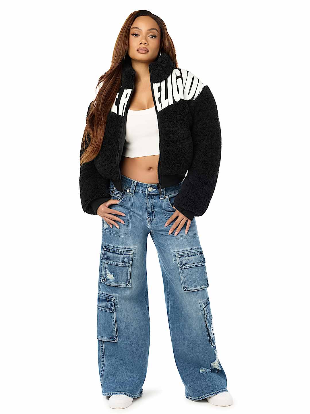 FAUX LEATHER YOKE SHERPA PUFFER JACKET