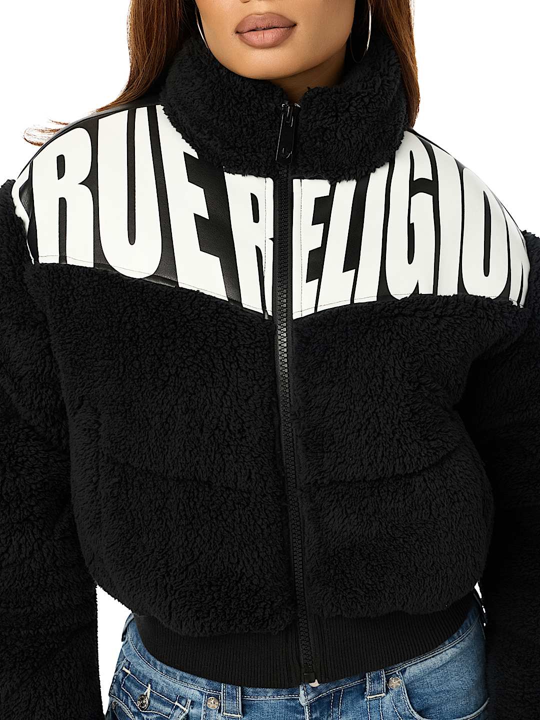 FAUX LEATHER YOKE SHERPA PUFFER JACKET