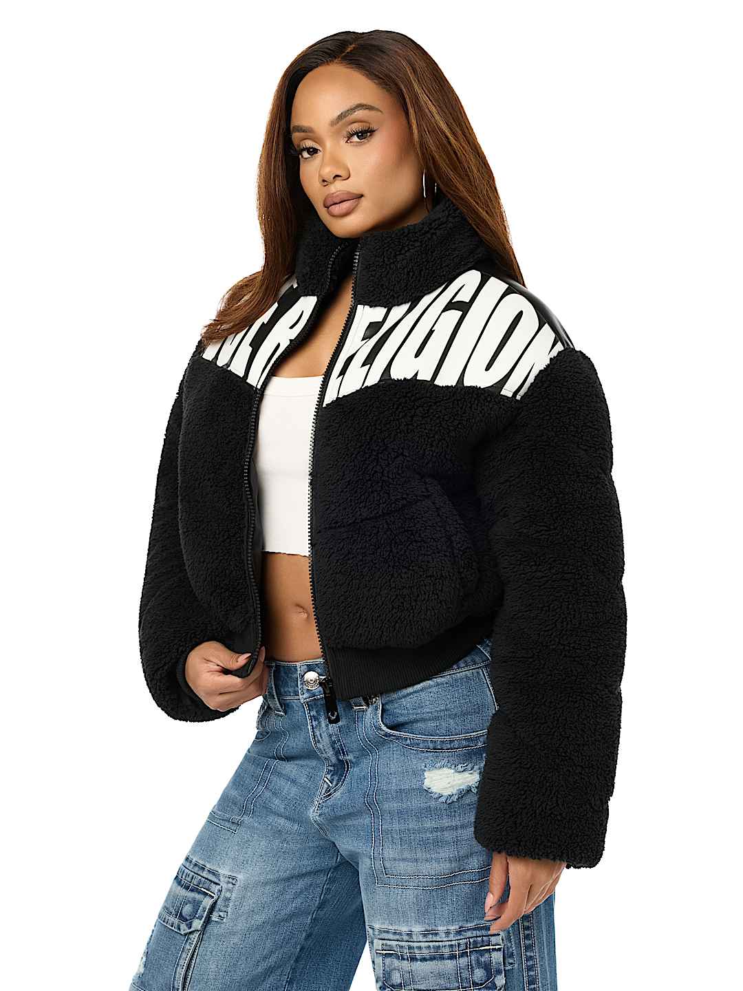 FAUX LEATHER YOKE SHERPA PUFFER JACKET