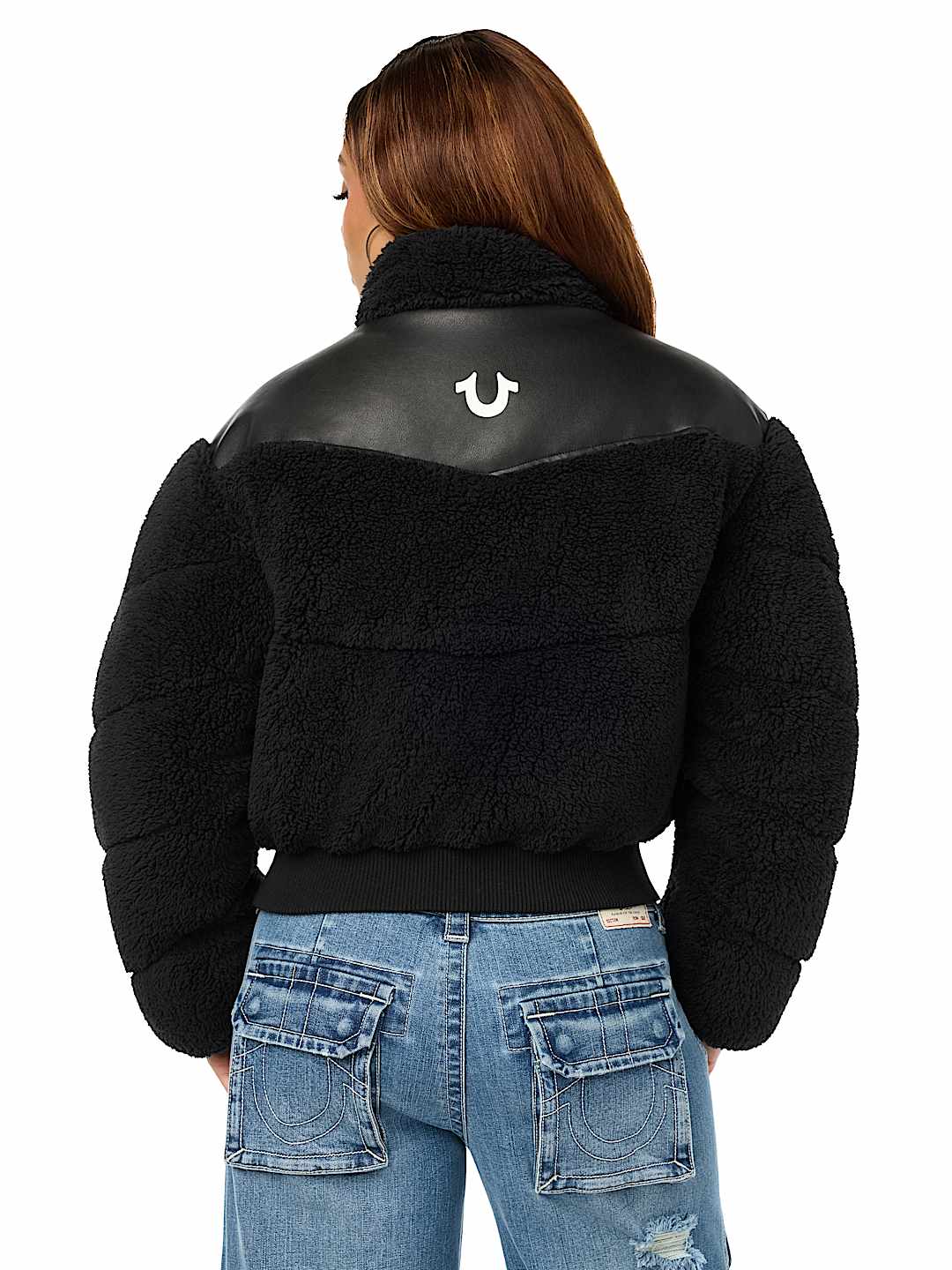 FAUX LEATHER YOKE SHERPA PUFFER JACKET
