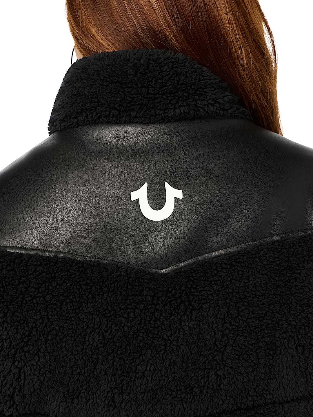 FAUX LEATHER YOKE SHERPA PUFFER JACKET