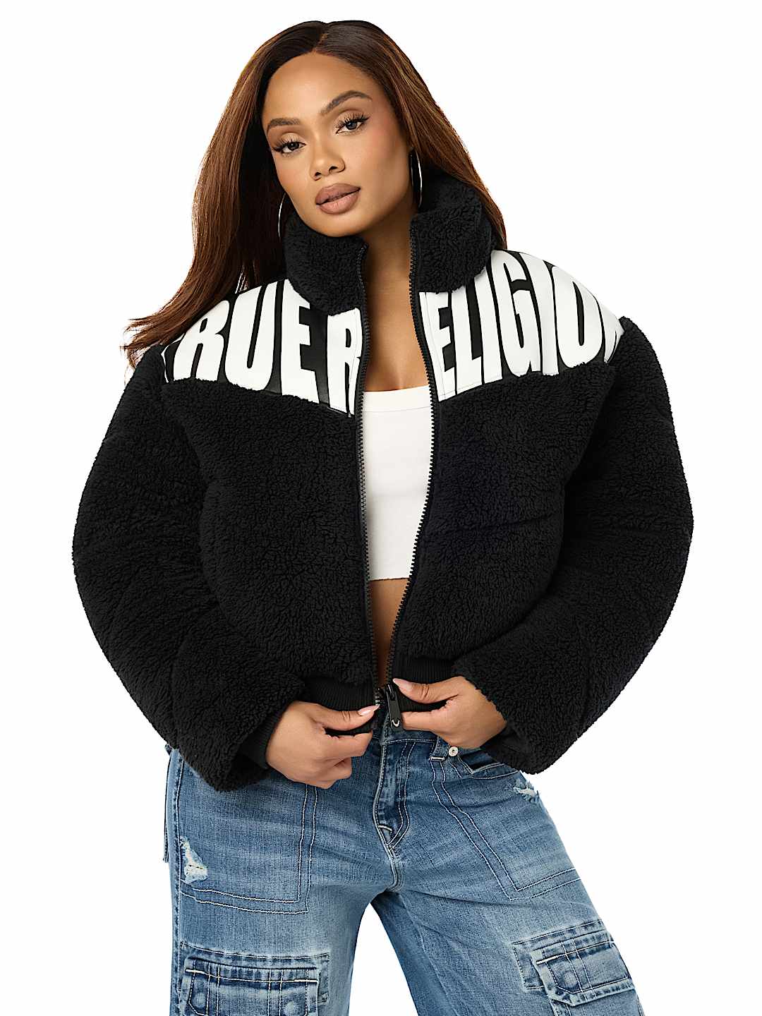 FAUX LEATHER YOKE SHERPA PUFFER JACKET