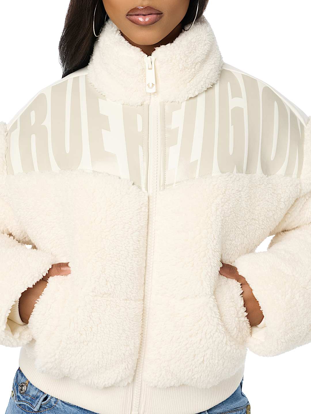 FAUX LEATHER YOKE SHERPA PUFFER JACKET