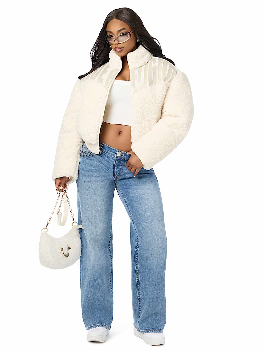 FAUX LEATHER YOKE SHERPA PUFFER JACKET
