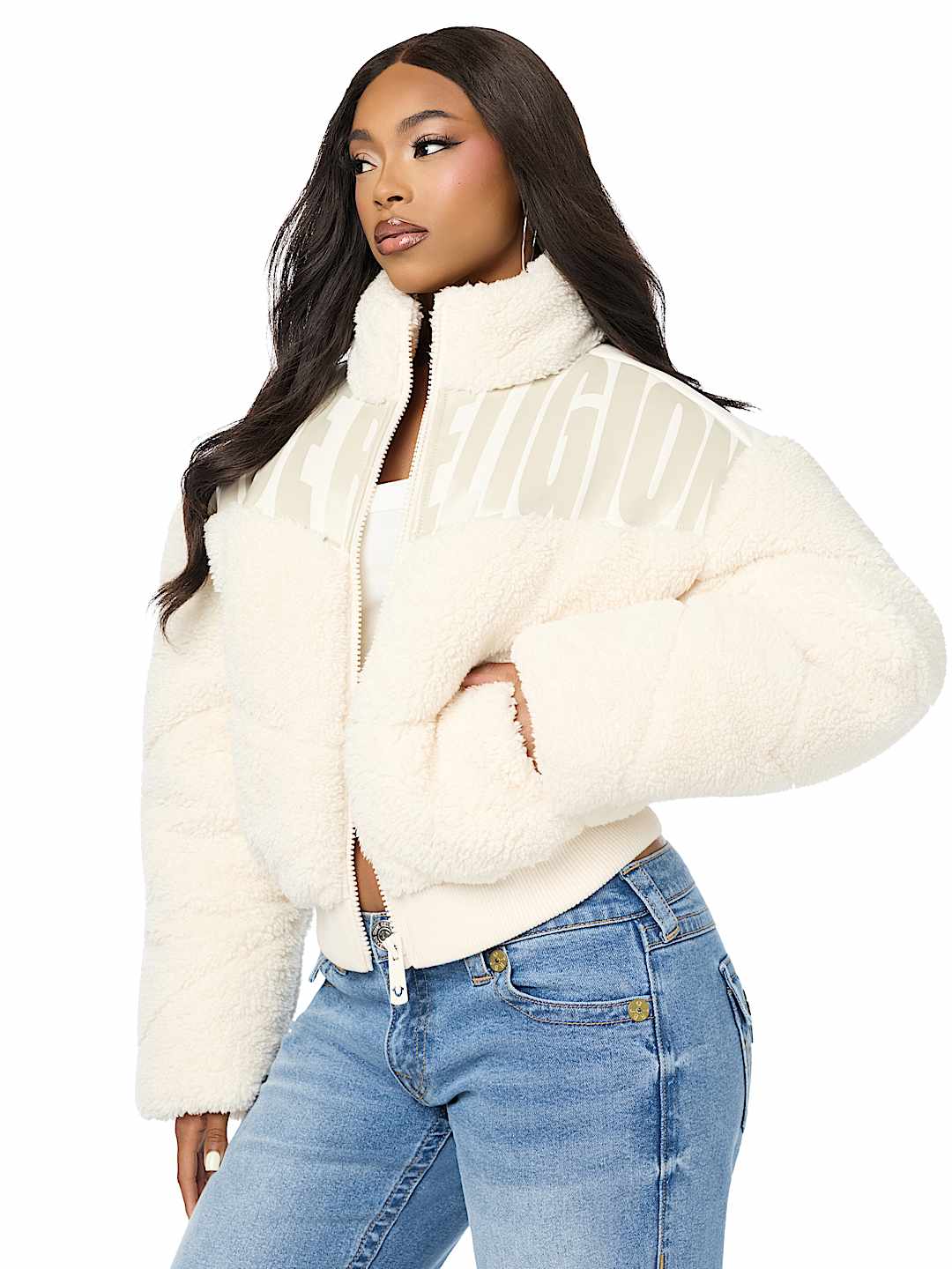 FAUX LEATHER YOKE SHERPA PUFFER JACKET