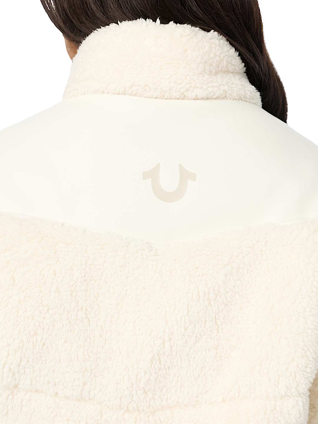 FAUX LEATHER YOKE SHERPA PUFFER JACKET