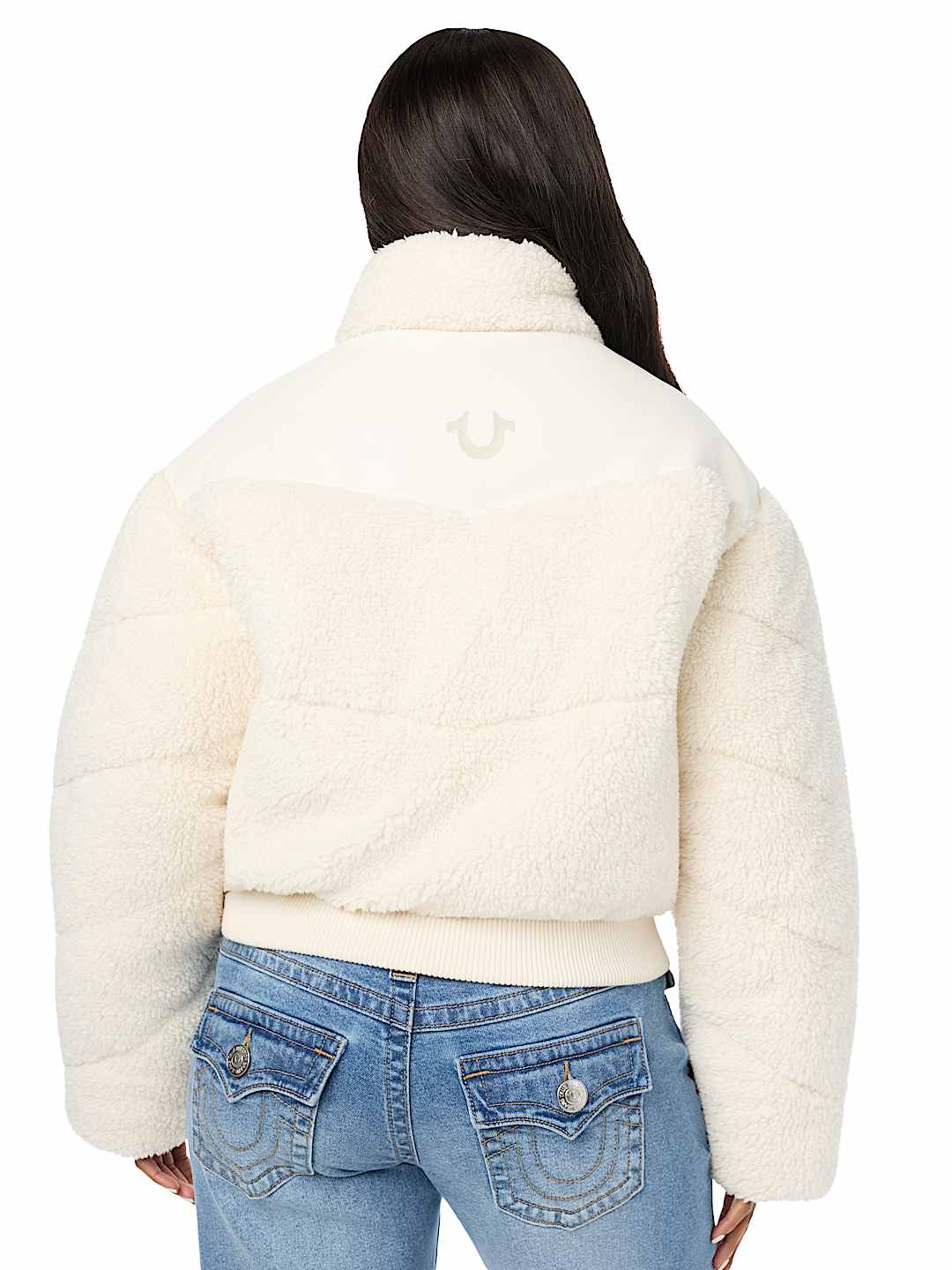 FAUX LEATHER YOKE SHERPA PUFFER JACKET