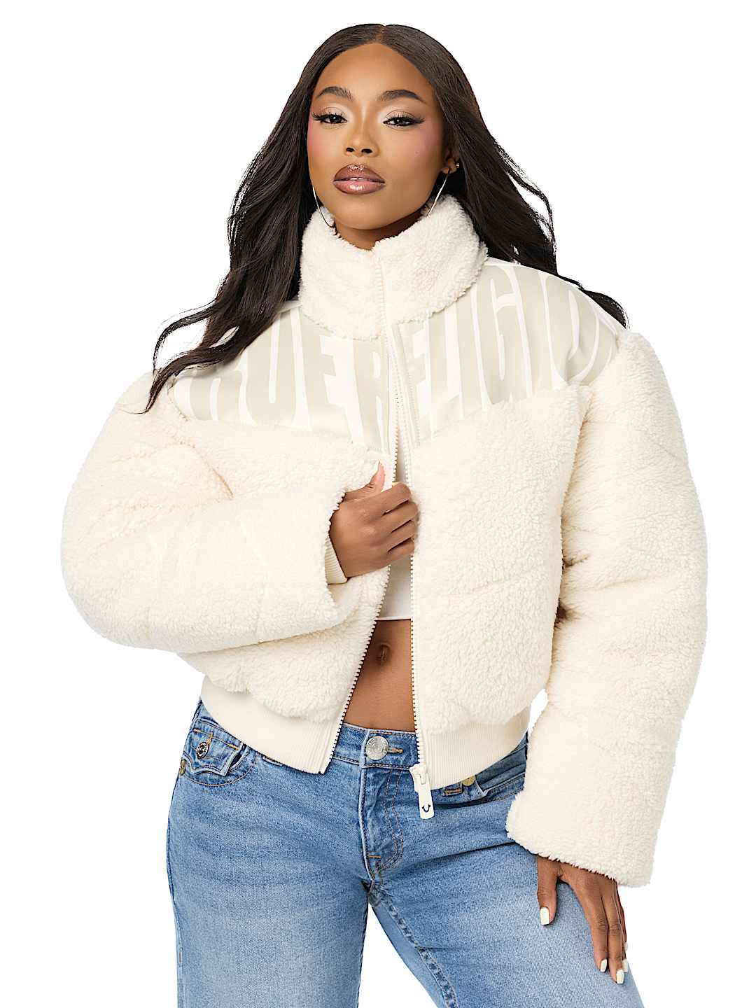 FAUX LEATHER YOKE SHERPA PUFFER JACKET