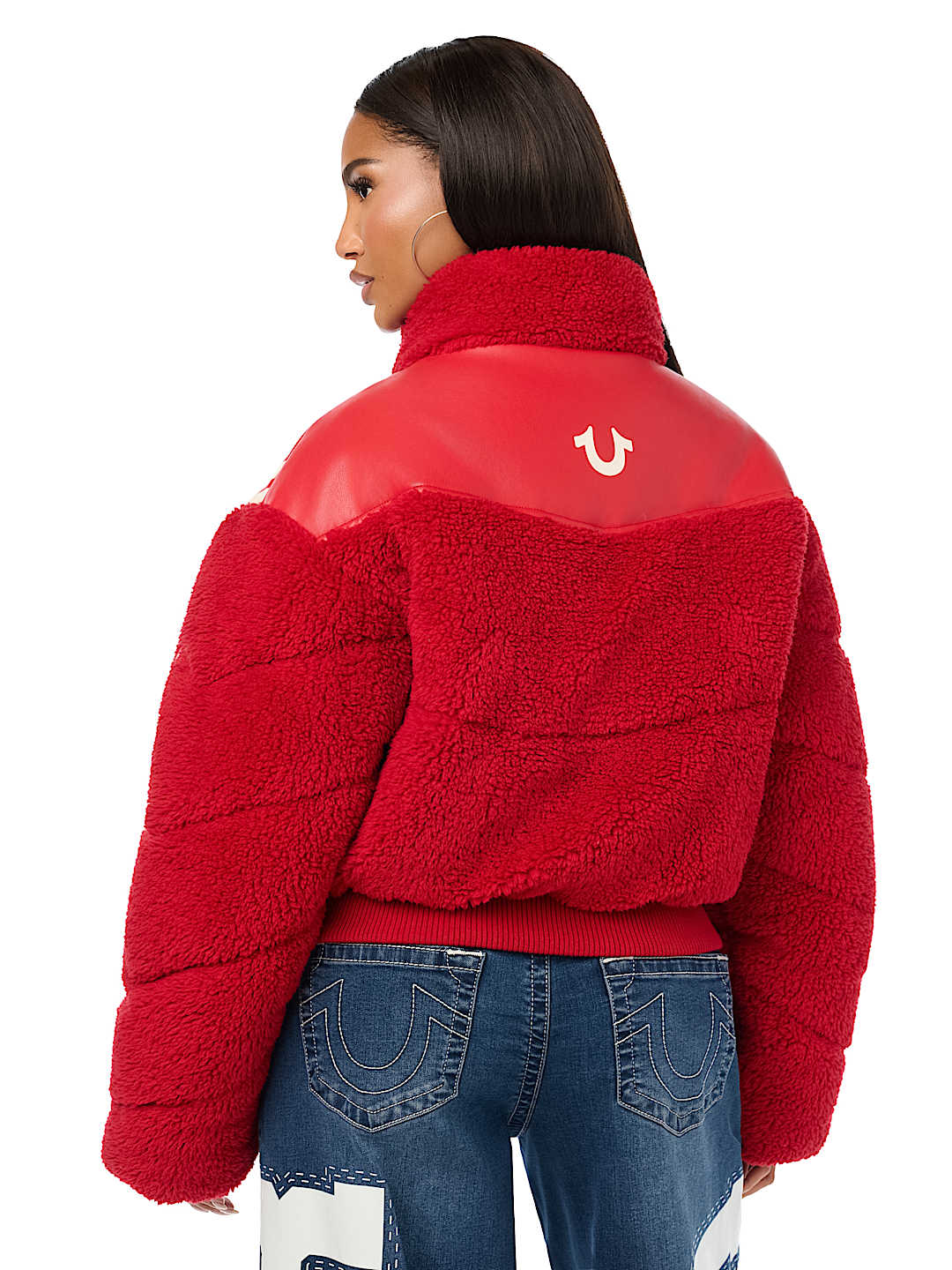 FAUX LEATHER YOKE SHERPA PUFFER JACKET