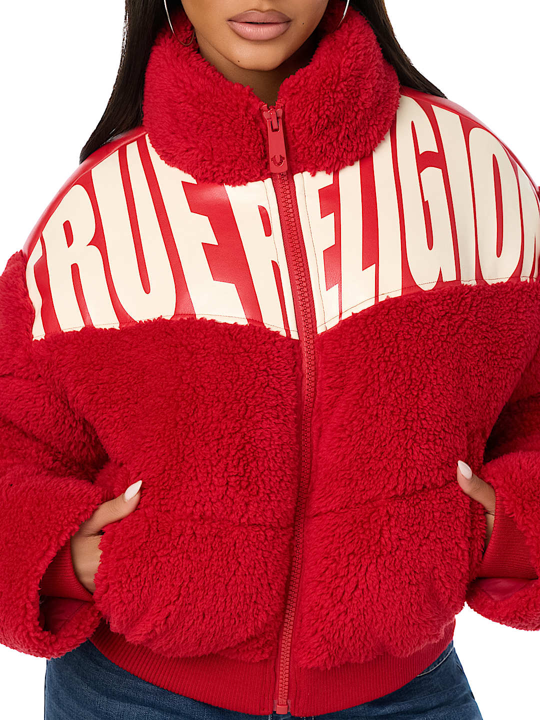 FAUX LEATHER YOKE SHERPA PUFFER JACKET